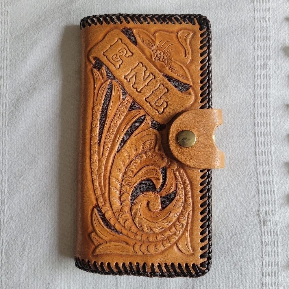 Vintage Handmade Tooled Leather Large Wallet With Kiss Clasp Change Purse
